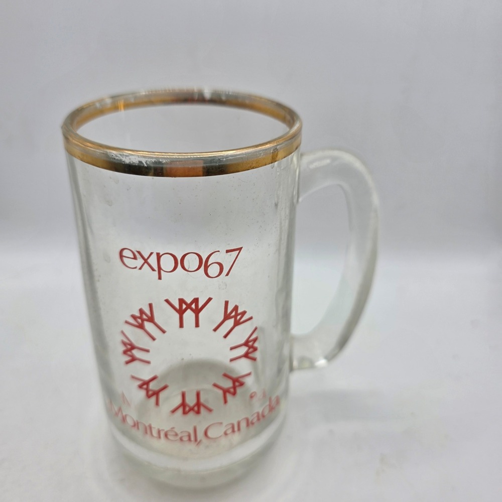 Vintage 1967 Expo 67 Montreal Canada Glass Beer Mug Stein Gold Rim Red Logo